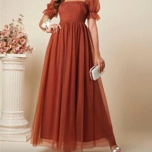 SHEIN Belle Rust Square Neck Puff Sleeve Mesh Maxi L NWT $42